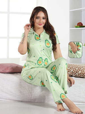 Qunity Women Printed Light Green Night Suit Set