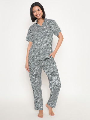 Clovia Women Striped Green Top & Pyjama Set