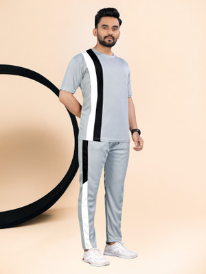 LINSOR FASHION Men Striped Grey Night Suit Set