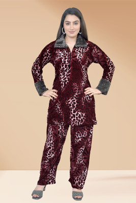 MECHANICALwear Women Animal Print Maroon Top & Pyjama Set