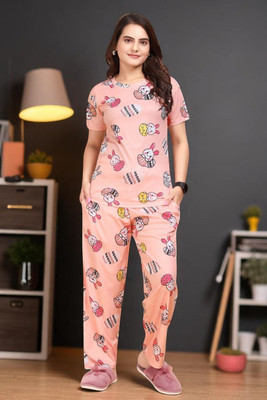 FASHION GREAB Women Printed Pink Top & Pyjama Set