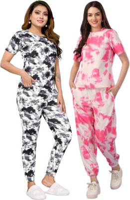 Tryviz Women Ombre/Dyed Pink, Black Night Suit Set