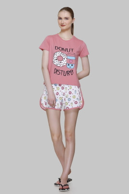 plush Women Self Design Pink Top & Shorts Set