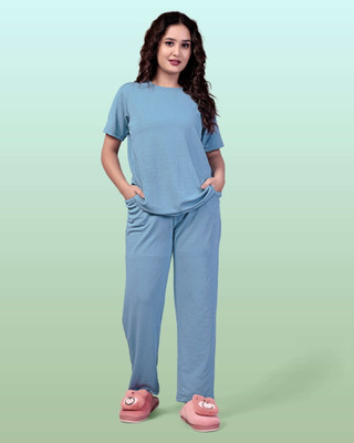 BHULAX Women Solid Light Blue Top & Pyjama Set
