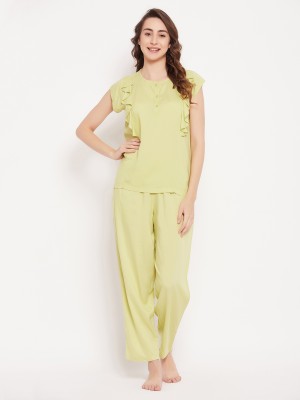 Clovia Women Solid Green Top & Pyjama Set