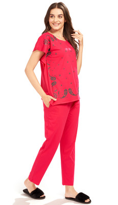 AV2 Women Printed Red Top & Pyjama Set
