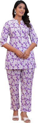 HouseOfCommon Women Floral Print Purple Night Suit Set