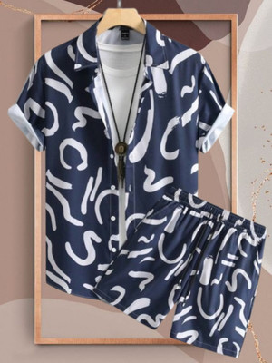 Varni Creation Men Abstract Dark Blue Night Suit Set