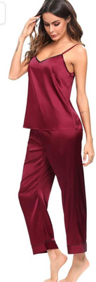 NIGHTGIRL Women Solid Maroon Night Suit Set