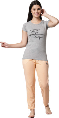 ANIXA Women Graphic Print Grey, Orange Top & Pyjama Set