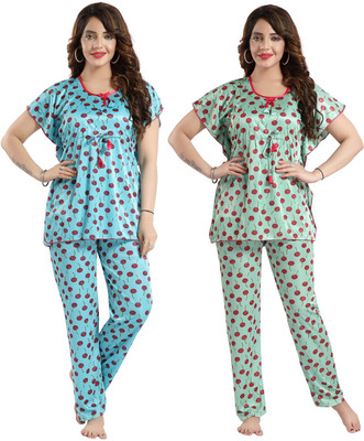 Color Magic Women Printed Blue, Green Top & Pyjama Set