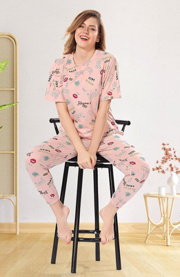 BROOFEE Women Printed Pink Top & Pyjama Set