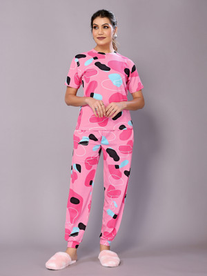 HouseOfCommon Women Printed Pink Night Suit Set