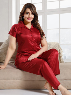 UKM Women Solid Maroon Shirt & Pyjama set