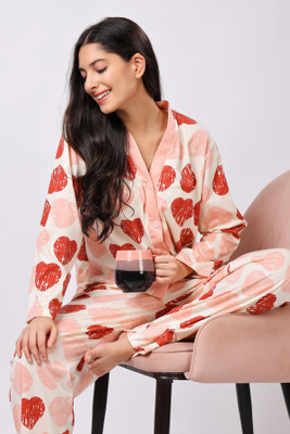 Lugo Women Printed Pink, Red Night Suit Set