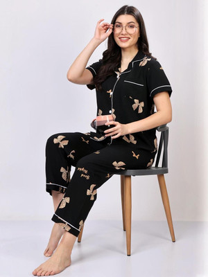 Harsiizone Women Printed Gold Top & Pyjama Set