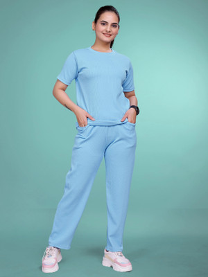 SAKARMAA Women Self Design Light Blue Top & Pyjama Set