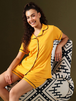 Clovia Women Solid Yellow Top & Shorts Set