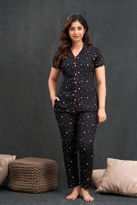 METRONAUT Women Printed Black Night Suit Set