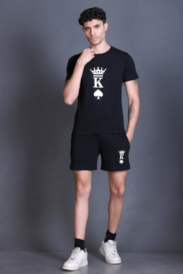 HIMYUG Men Self Design Black Top & Shorts Set