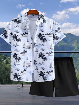 SHIVFORYOU Men Printed White, Black Top & Shorts Set
