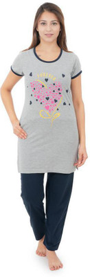 E-MAX Women Printed Grey Night Suit Set