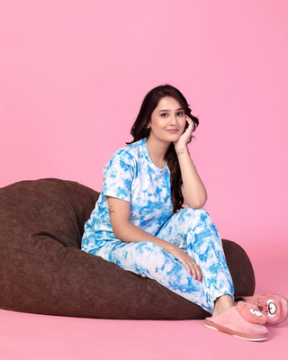 HouseOfCommon Women Printed Light Blue Top & Pyjama Set