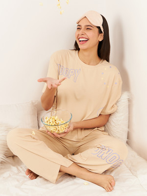 SWEET DREAMS Women Solid Beige Top & Pyjama Set