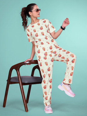 JK Creation Women Printed White Top & Pyjama Set