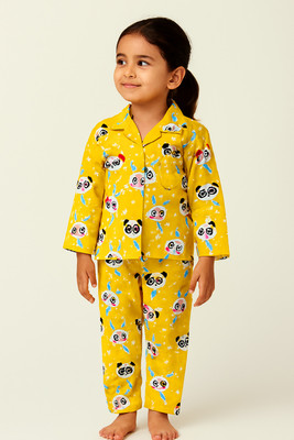 SAHU TRENDZ Baby Boys & Baby Girls Printed Yellow Night Suit Set