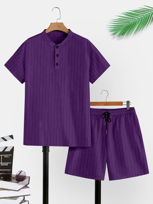 M7 By Metronaut Men Self Design Purple Night Suit Set