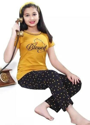 INDHRANI TEXTILE Girls Printed Yellow Top & Pyjama Set