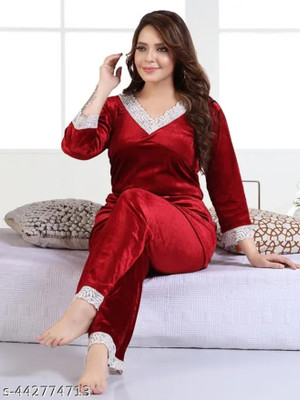 NPTY Trading Women Solid Red Shirt & Pyjama set