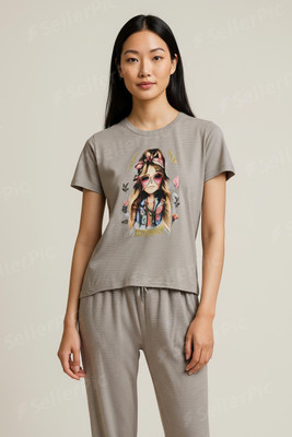 Onion Pink nightdress Girls Graphic Print Black Night Suit Set