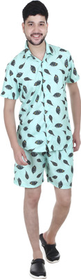 Cozmostore Men Printed Light Green Top & Shorts Set