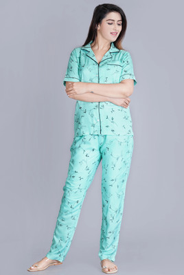 MintMarie Women Printed Blue Shirt & Pyjama set