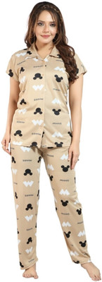 Qunity Women Printed Beige Night Suit Set