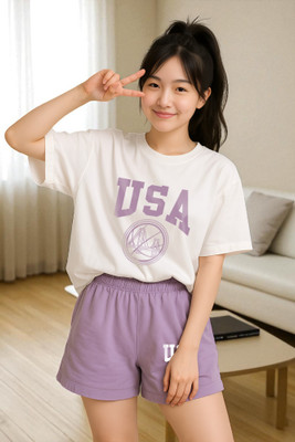 Elvia Women Printed Purple, White Top & Shorts Set