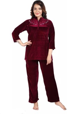 Nightdoll Women Solid Maroon Night Suit Set