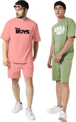 Fifth U Men Printed Pink, Green Top & Shorts Set