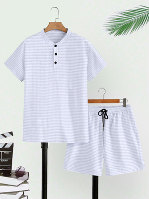 M7 By Metronaut Men Self Design White Night Suit Set