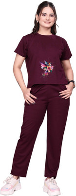 ZINQUI Girls Printed Maroon Night Suit Set