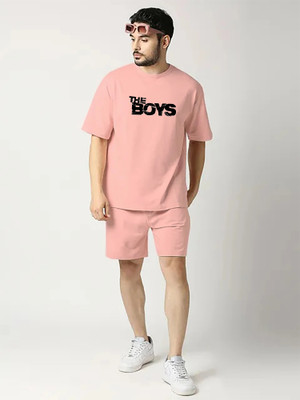 zbio Men Solid, Printed Pink Top & Shorts Set