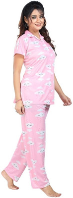 Qunity Women Printed Pink Night Suit Set