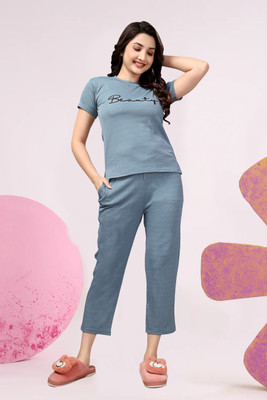 ZEEMBOOLI Women Printed Light Blue Top & Pyjama Set