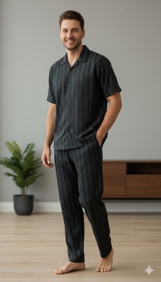Rockey Men Geometric Print Black Shirt & Pyjama set