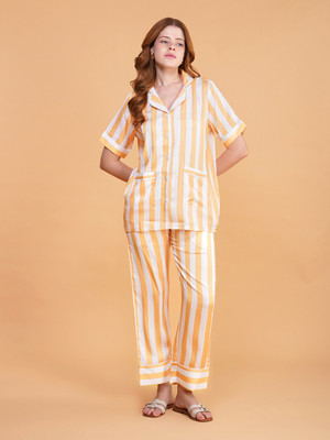 NOITE LUXE Women Striped Yellow Shirt & Pyjama set