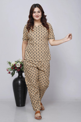GORDHAN Women Printed Beige, Black Night Suit Set