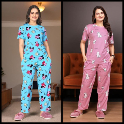 FASHION GREAB Women Printed Blue Top & Pyjama Set