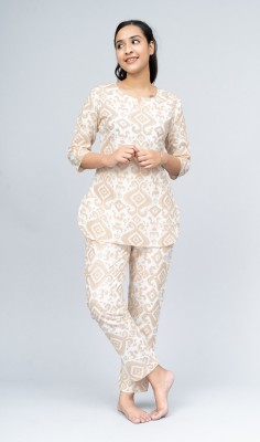 MEHPRIYA Women Printed Beige, White Top & Pyjama Set